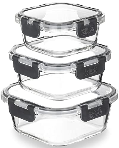 Igluu Meal Prep - Recipientes cuadrados apilables de vidrio - sin BPA, tapas herméticas a prueba de...