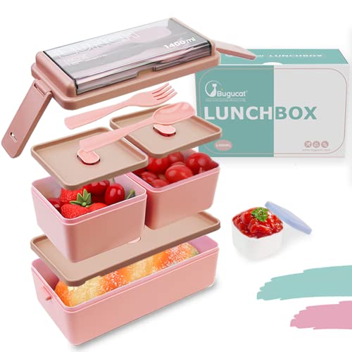 Bugucat Lunch Box 1400 ML, Bento Box Infantil con 3 Compartimentos y Cubiertos, Bento Box Hermetico...